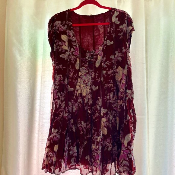 Free People Maroon Mini Dress with floral motif. Size large - Picture 1 of 4